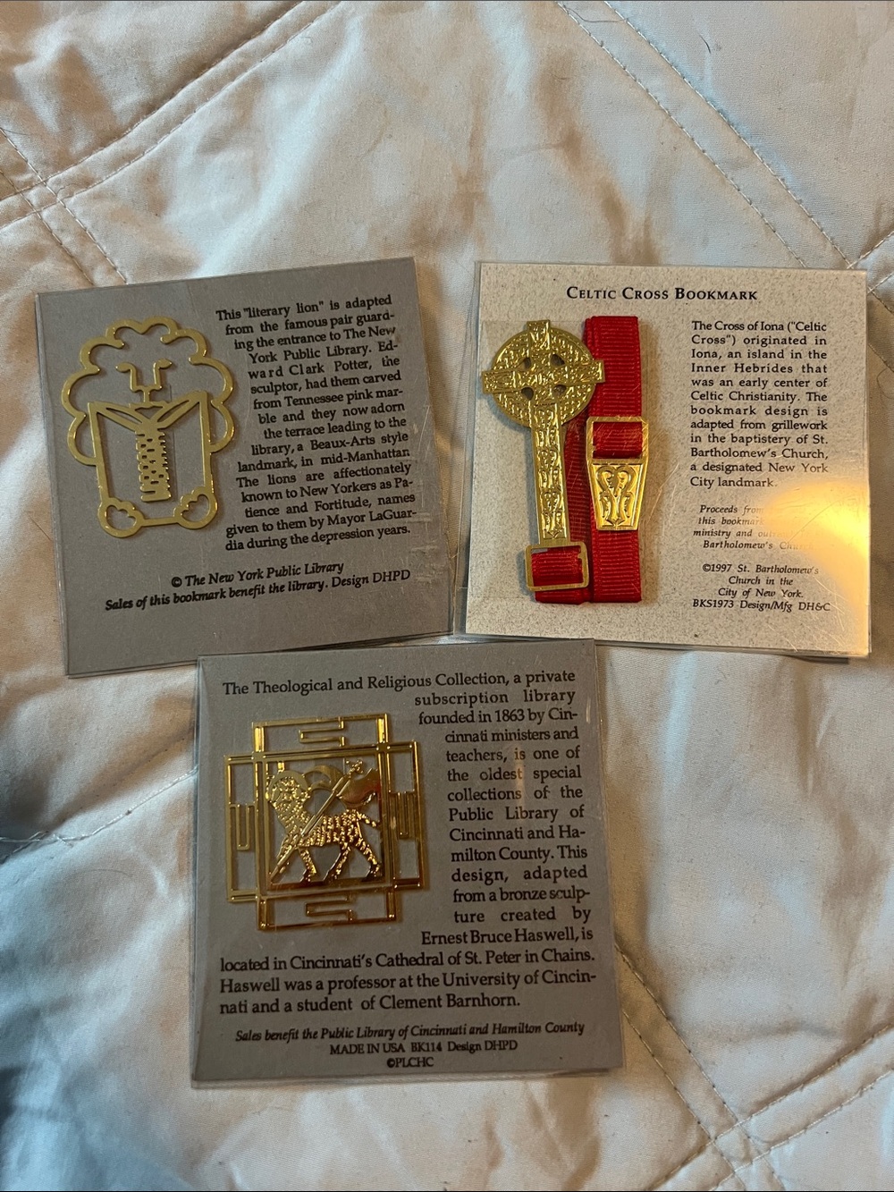 Set of 3- Gold Metal Decorative Bookmarks with Red Ribbon Accent